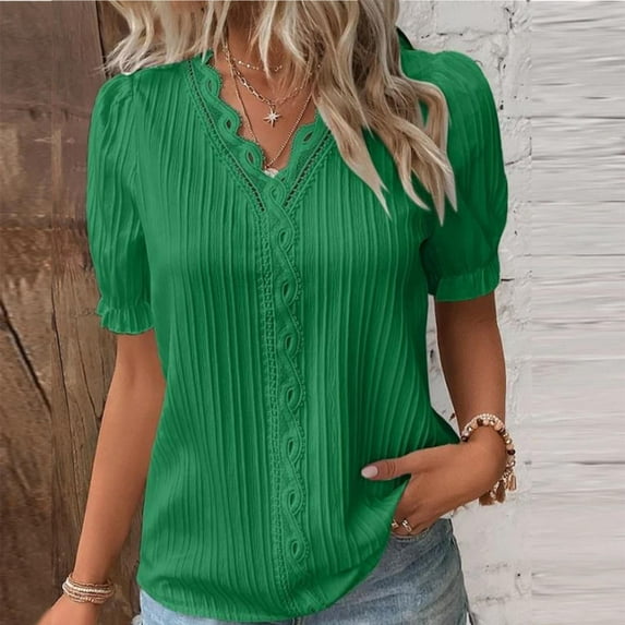 Doriano Women's Summer Lace V-Neck Blouse - Solid Color Short Sleeve Shirt for Elegant & Comfortable Wear, Green, S