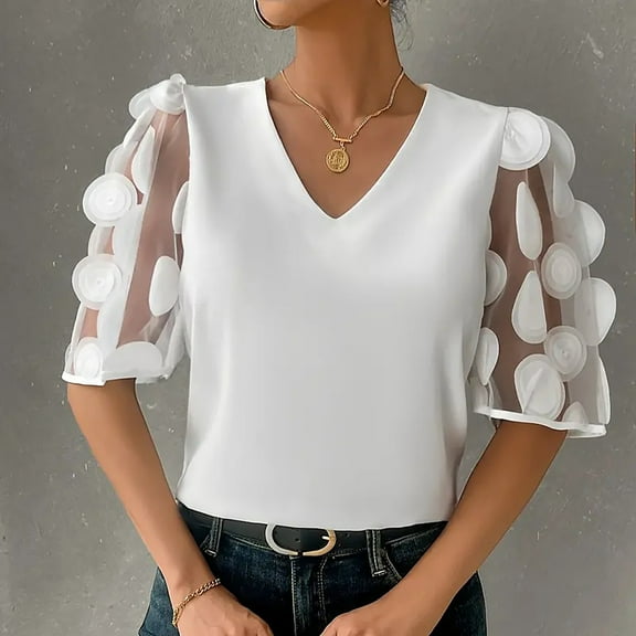 Dorinao 2025 New Summer Commute Solid Color Simple V Neck Lace Patchwork Short Sleeved T Shirt, White Women Blending Shirts, M