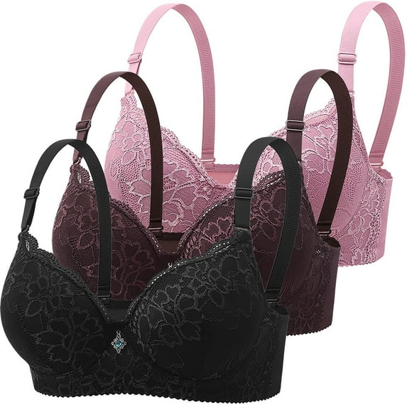 Dorinao 3Pc Women's Lace Underwire Bra Set – Adjustable Push-Up Support for Everyday & Training, Pink, 36D
