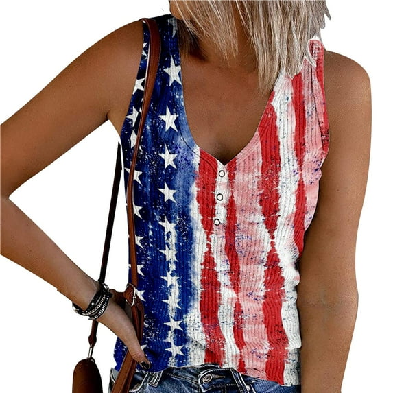 Dorinao American Flag Tank Top Women 4Th of July Shirts Button V Neck Knit Ribbed Tops Casual Colorful Printed Patriotic Tees, Blue, 5XL