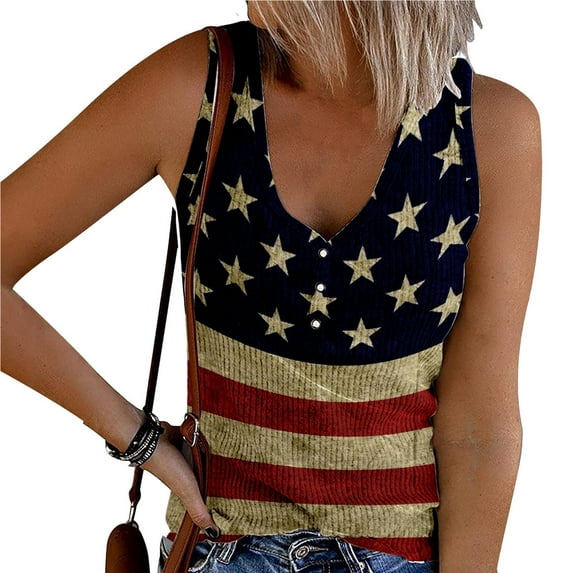 Dorinao American Flag Tank Top Women 4Th of July Shirts Button V Neck Knit Ribbed Tops Casual Colorful Printed Patriotic Tees, Pink, S