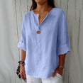 thumbnail image 1 of Dorinao Linen Shirt for Women Summer Cotton and Linen V Neck 3/4 Sleeve Top Loose Holiday Beach Shirt Tunic Top, Blue1 Women Blending Shirts, XXL, 1 of 5