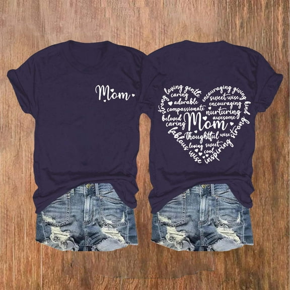 Dorinao Mama Shirts for Women Short Sleeve Love Letter Printed Graphic Mom Tee Tops, Blue, 3XL