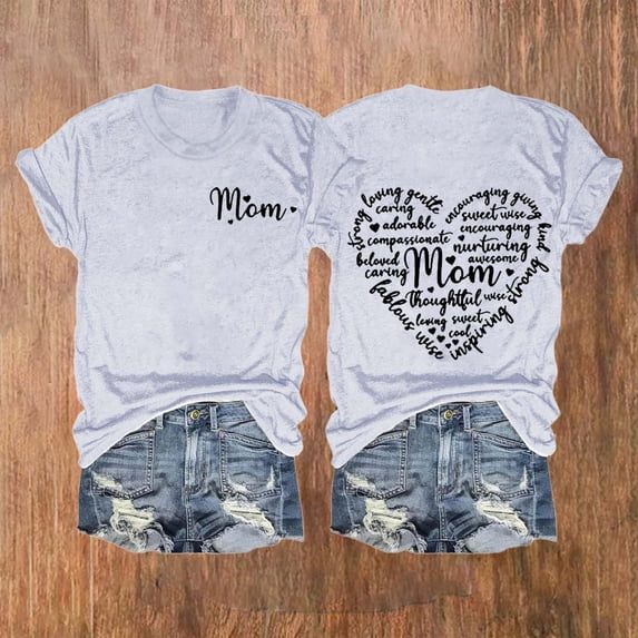 Dorinao Mama Shirts for Women Short Sleeve Love Letter Printed Graphic Mom Tee Tops, Gray, S