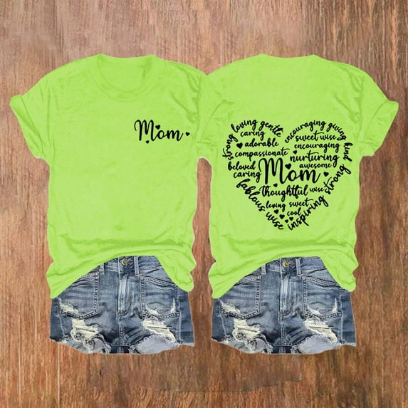 Dorinao Mama Shirts for Women Short Sleeve Love Letter Printed Graphic Mom Tee Tops, Green, XL