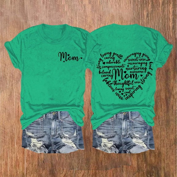 Dorinao Mama Shirts for Women Short Sleeve Love Letter Printed Graphic Mom Tee Tops, Green, XXL