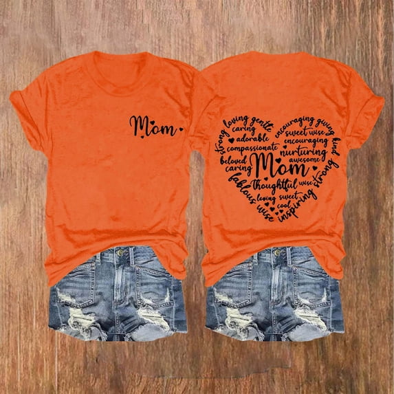 Dorinao Mama Shirts for Women Short Sleeve Love Letter Printed Graphic Mom Tee Tops, Orange, L