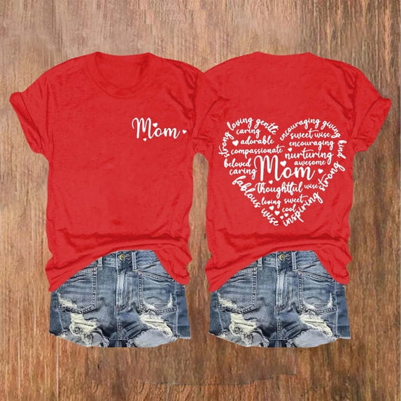 Dorinao Mama Shirts for Women Short Sleeve Love Letter Printed Graphic Mom Tee Tops, Red, S
