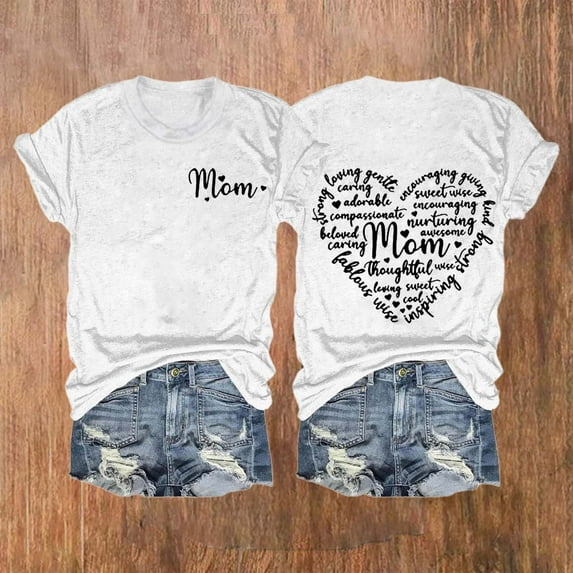 Dorinao Mama Shirts for Women Short Sleeve Love Letter Printed Graphic Mom Tee Tops, White, S