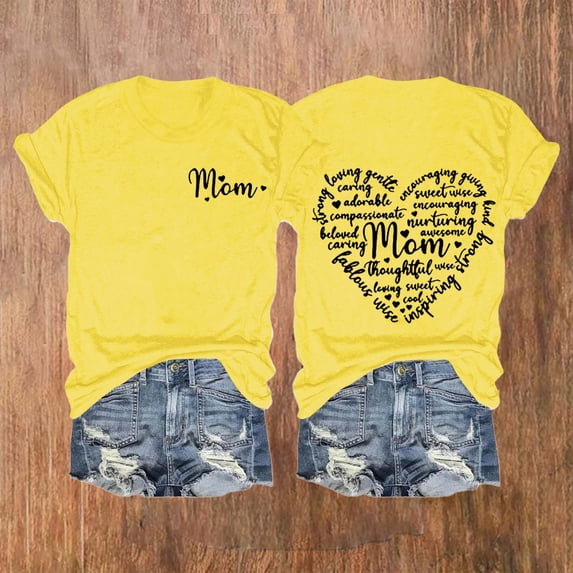 Dorinao Mama Shirts for Women Short Sleeve Love Letter Printed Graphic Mom Tee Tops, Yellow, S