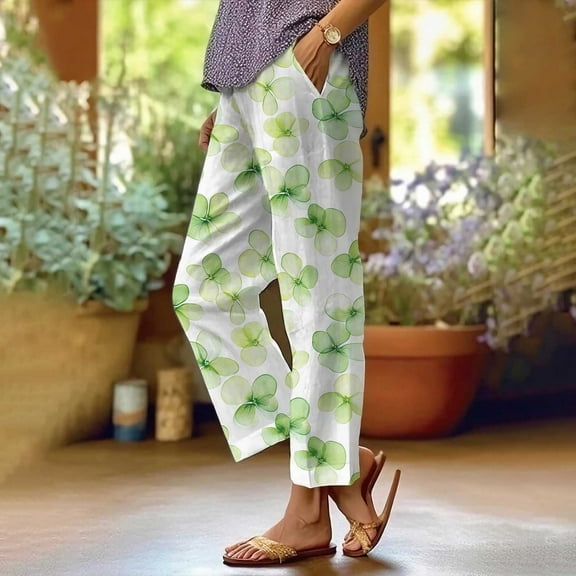 Dorinao Summer Linen Pants for Women Wide Leg Boho Pants Loose Palazzo Pants Floral Pants with and Pockets, Green Women Blendingpants, L