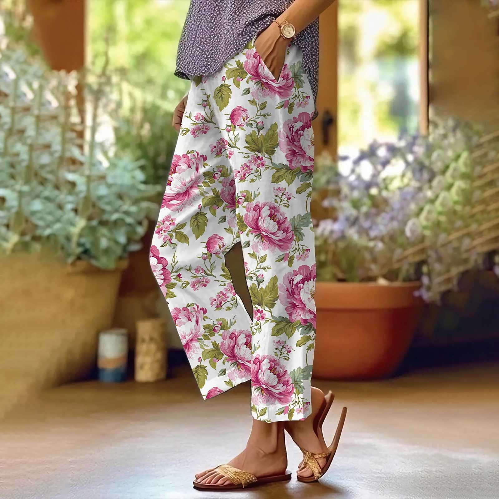 Fashion Pink Side Tie Waist Linen Pants Summer