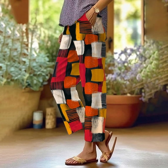 Dorinao Summer Linen Pants for Women Wide Leg Boho Pants Loose Palazzo Pants Floral Pants with and Pockets, Red Women Blendingpants, S