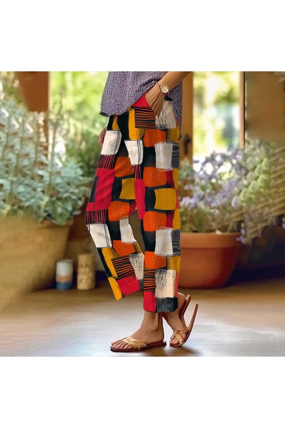 Dorinao Summer Linen Pants for Women Wide Leg Boho Pants Loose Palazzo Pants Floral Pants with and Pockets, Red Women Blendingpants, XL