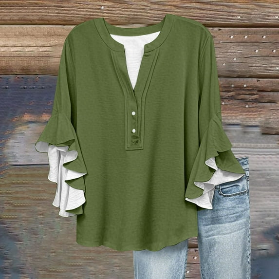 Dorinao Women's Button V-Neck Lace 3/4 Sleeve Casual Top - Loose Fit Solid Color Fashion Blouse, Green, 3XL