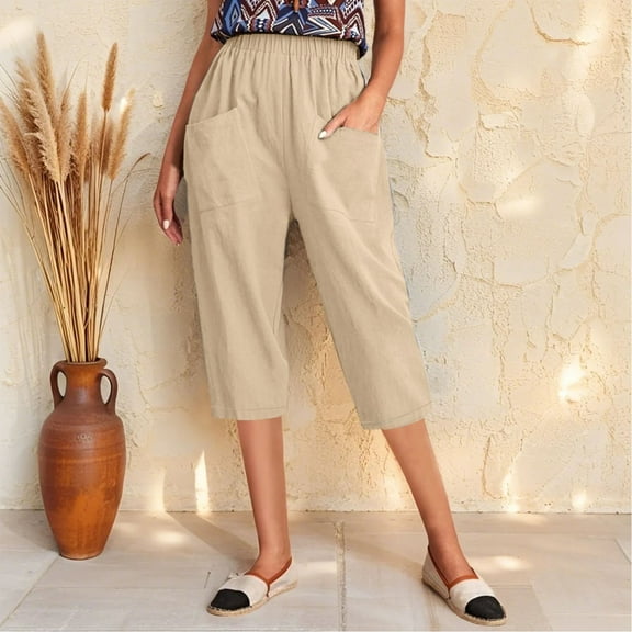 Dorinao Women's Cotton and Linen Elasticated Belt Pants with Pockets Small Foot Pants, Beige Women Blendingpants, XL