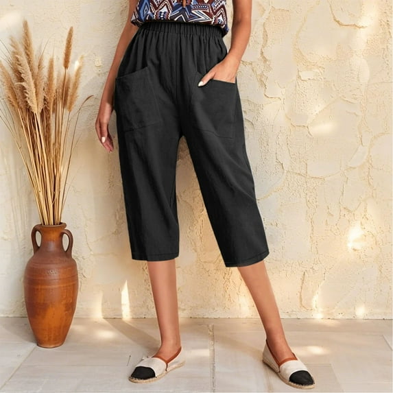 Dorinao Women's Cotton and Linen Elasticated Belt Pants with Pockets Small Foot Pants, Black Women Blendingpants, S