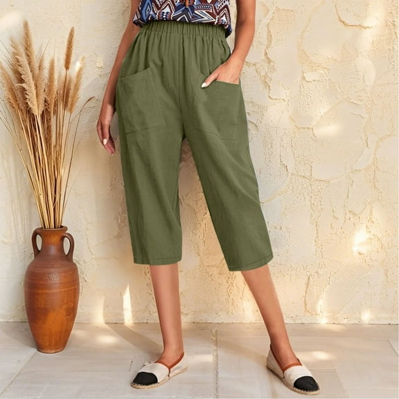 Dorinao Women's Cotton and Linen Elasticated Belt Pants with Pockets Small Foot Pants, Green Women Blendingpants, S