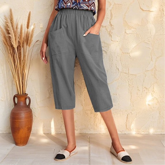 Dorinao Women's Cotton and Linen Elasticated Belt Pants with Pockets Small Foot Pants, Grey Women Blendingpants, L