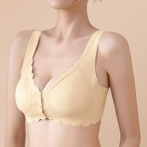 Dorinao Women's Front Closure Seamless Push-Up Bra – Solid Color Fixed Cup for Daily Comfort, Beige, 34C