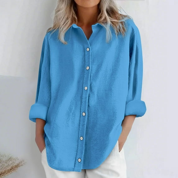 Dorinao Women's Oversized Linen Cotton Long Sleeve Blouse - Button Front Loose Fit Shirt for Casual & Summer, Blue, L