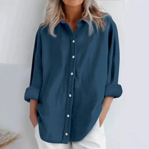 Dorinao Women's Oversized Linen Cotton Long Sleeve Blouse - Button Front Loose Fit Shirt for Casual & Summer, Blue, XL