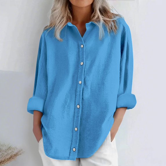 Dorinao Women's Oversized Linen Cotton Long Sleeve Blouse - Button Front Loose Fit Shirt for Casual & Summer, Blue, XXL