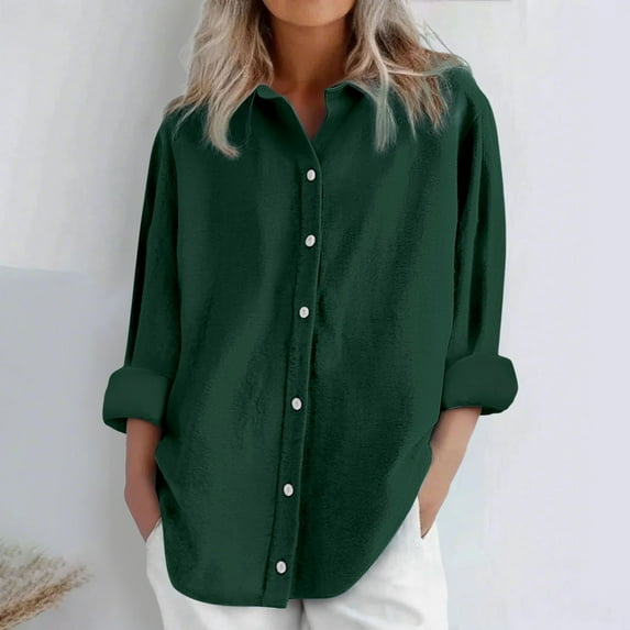 Dorinao Women's Oversized Linen Cotton Long Sleeve Blouse - Button Front Loose Fit Shirt for Casual & Summer, Green, XXL