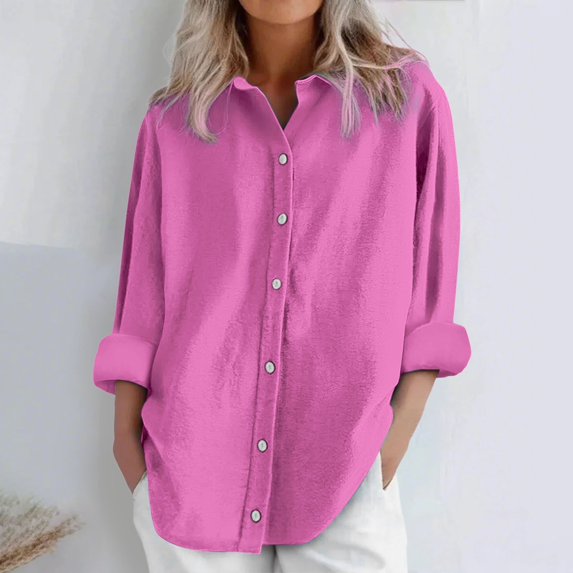 Dorinao Women's Oversized Linen Cotton Long Sleeve Blouse - Button Front Loose Fit Shirt for Casual & Summer, Pink, M