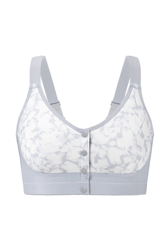 Women's Plus Size Front Buckle Wireless Bra – Adjustable Straps with Printed Design, Gray, 44H