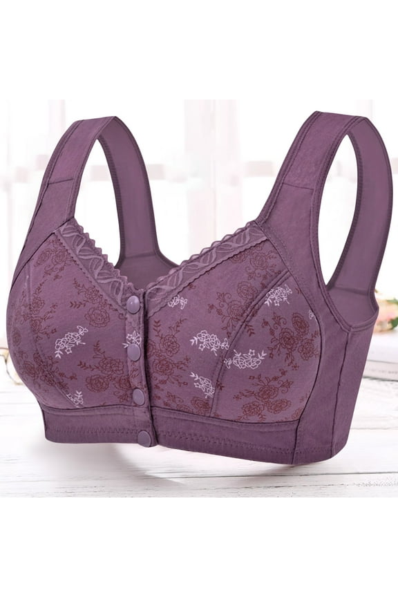 Women's Plus Size Wireless Front Closure Bra with Rabbit Ear Cup – Seamless Lace Design for All-Day Comfort, Purple, 44G