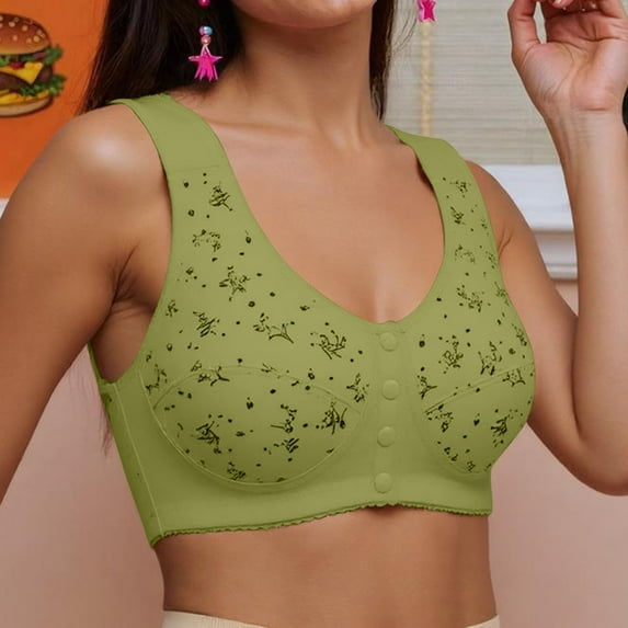 Dorinao Women's Senior Front Snap Wireless Bra – Cotton Comfort for Elderly & Plus Size, Green, 34C