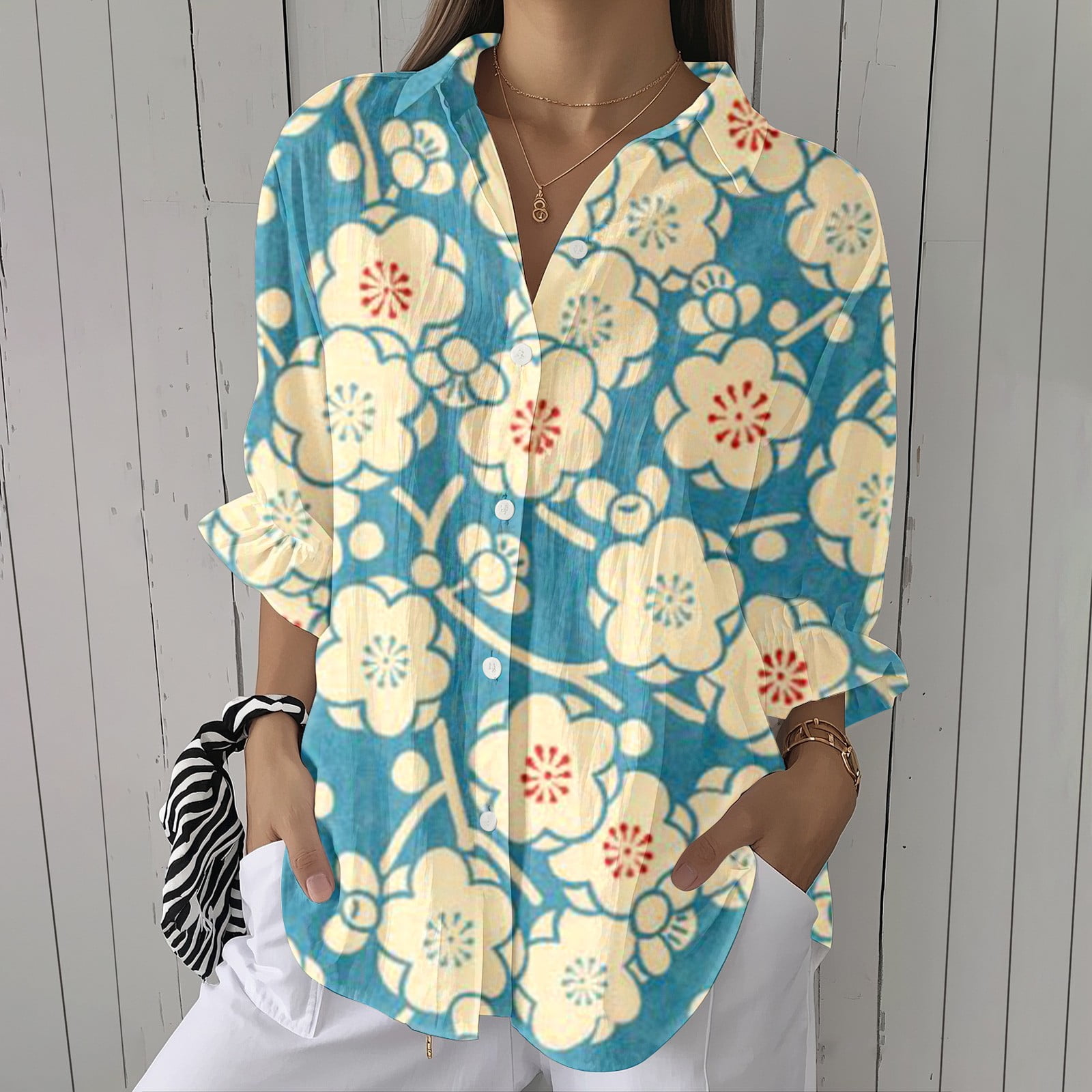 Chvity Women's Bohemian Embroidered Peplum Blouse - Geometric Print V-Neck With Tassel Tie & Ruffle Hem