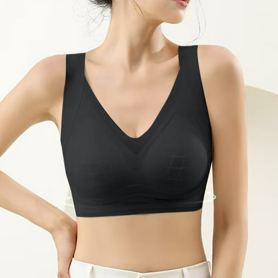 Dorinao Women's Wide Straps Wireless Bra – Gathered Side Breast Support for Small & Large Busts, Black, 36D