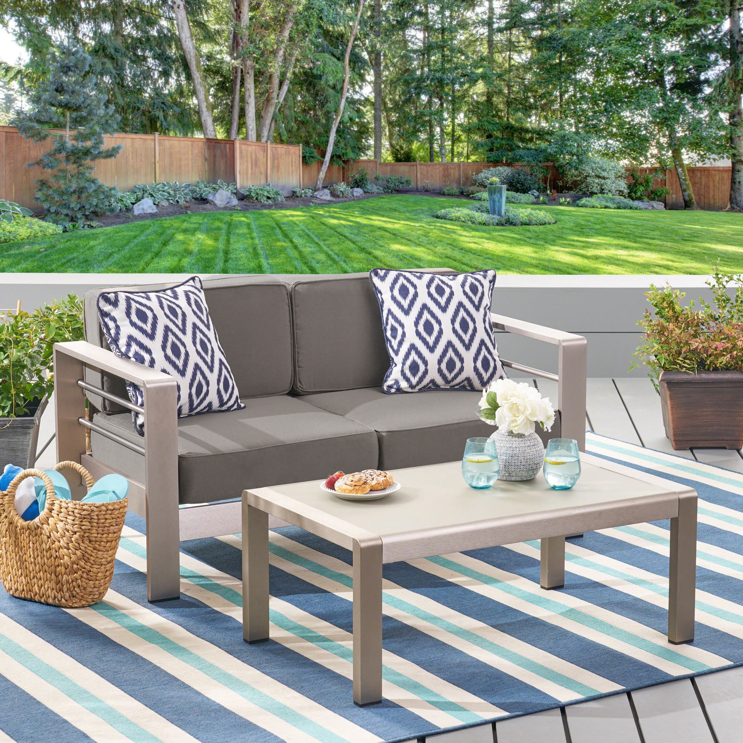 Doris Outdoor Aluminum Loveseat and Coffee Table Set with Cushions, Silver, Khaki