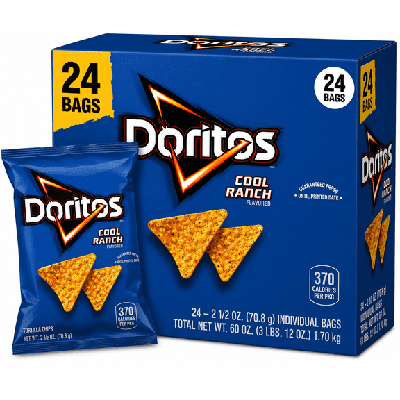Doritos Cool Ranch Flavored Tortilla Chips, 2.5 oz Bags, 24 Count Multipack