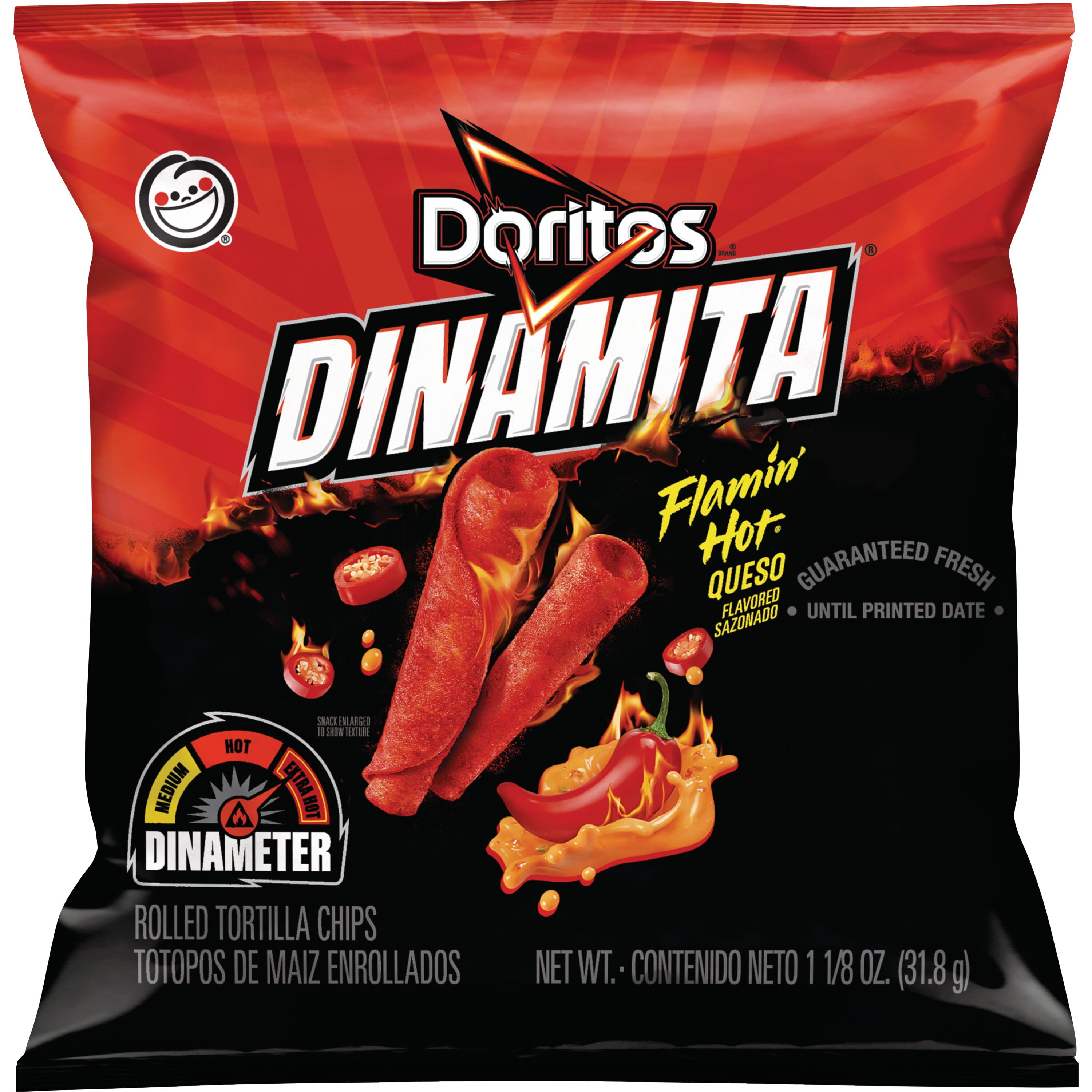 Doritos Dinamita Rolled Tortilla Chips Flamin' Hot Queso Flavored, 1.125 Oz Bag