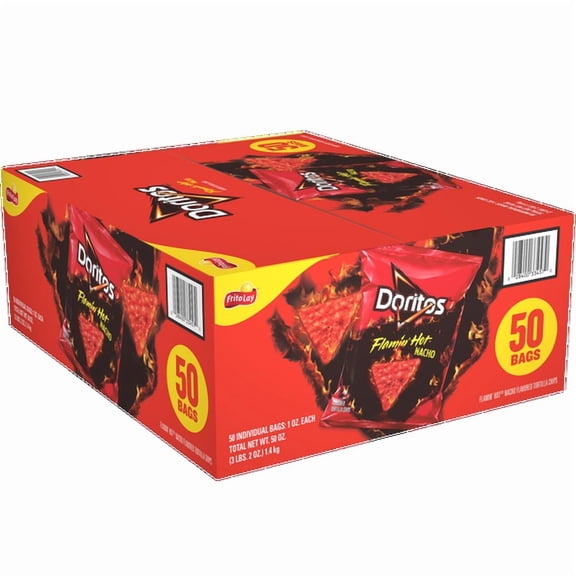 Doritos Flamin Hot Nacho Tortilla Chips, 50-Count Individually Wrapped 1 oz Snack Bags
