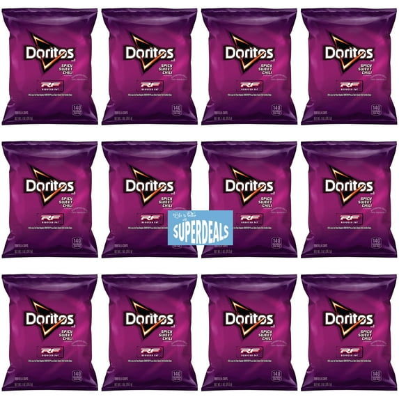 Doritos Flavored Tortilla Chips, Spicy Sweet Chili, Reduced Fat,1 Ounce (Pack of 12) Bundled by SUPERDEALS with Mystery Gift