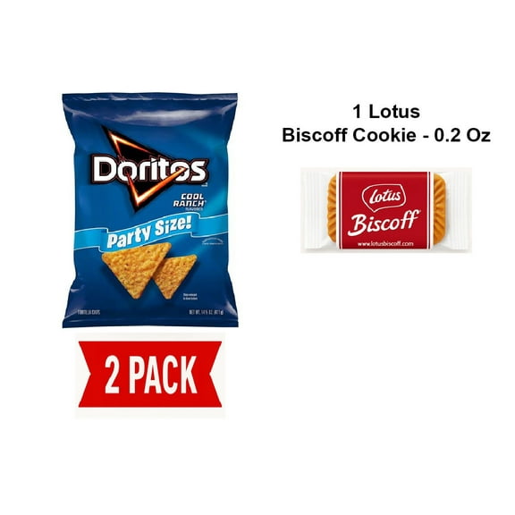 Doritos Tortilla Chips Cool Ranch Flavored Snack, Party Size, 14.5Oz Bag - Pack Of 2 & Lotus Biscoff Cookie - 0.2 Oz - 1 ct