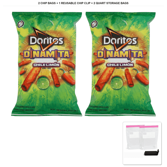 Doritos Tortilla Chips Dinamita Chile Limon, 2 Bags x 10.75 oz + 1x Reusable Chip Clip & 2x Quart Resealable Food Storage Bags