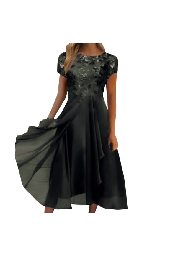 Cocktail Dresses for Women 2024 Mother of The Bride Dresses Tea Length Short Sleeves Formal Chiffon Dresses Black 3XL