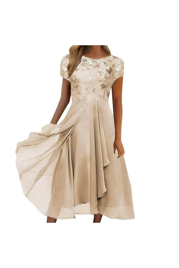 Cocktail Dresses for Women 2024 Mother of The Bride Dresses Tea Length Short Sleeves Formal Chiffon Dresses Gold M