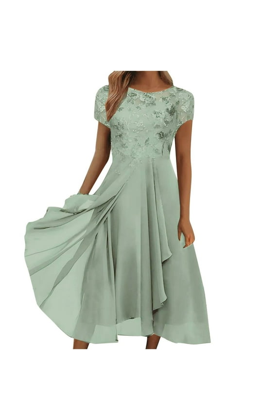 Cocktail Dresses for Women 2024 Mother of The Bride Dresses Tea Length Short Sleeves Formal Chiffon Dresses Green XL