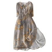 Dorkasm Cotton Linen Dresses for Women 2024 Vintage Short Sleeve Flowy Beach Dress Collar V Neck Button Down Pleated Midi Dress Khaki 2XL