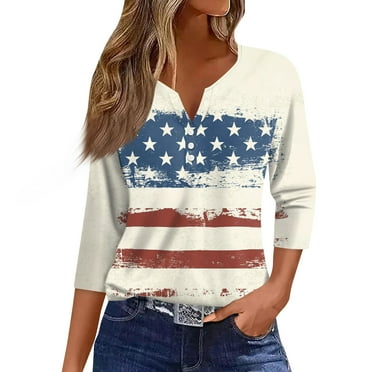 Dorkasm Fourth of July Tops for Women Button Down USA Flag 3/4 Sleeve Scrub Henley Funny Scrub Tops with Pockets Beige 2XL