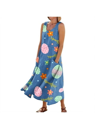 UoCefik Easter Womens Party Dress Sleeveless Easter Eggs Rabbit Bunny  Graphic Casual Maxi Dresses Crew Neck Summer Sundress Sexy Flowy Loose Fit  Beach Dress with Pockets Blue 3XL 