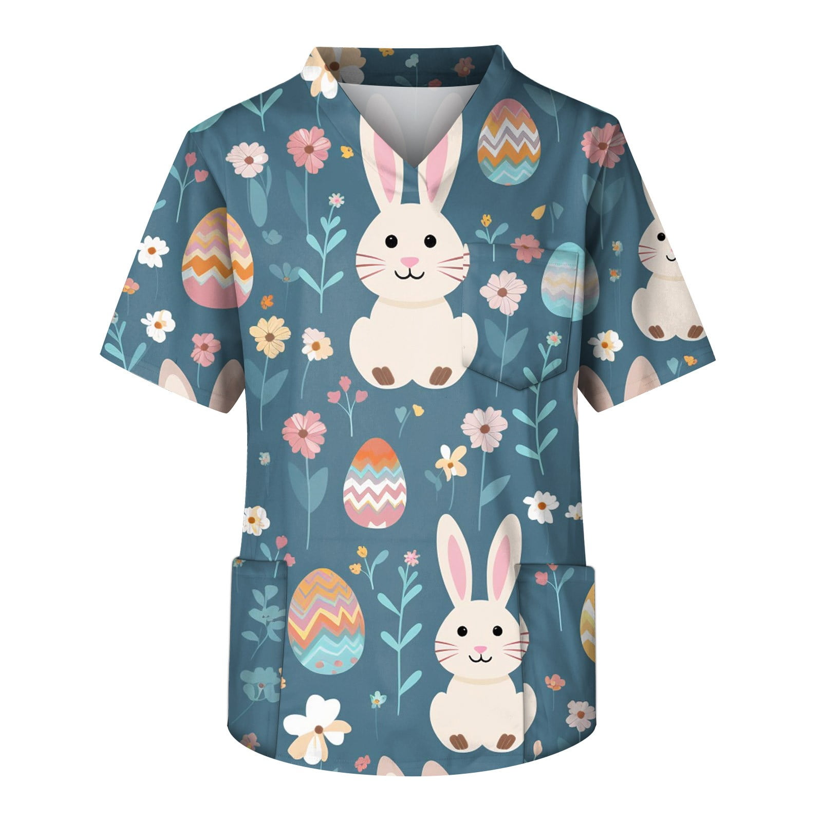 Dorkasm Happy Easter Day Scrub Tops V Neck Short Sleeve Egg Plus Size