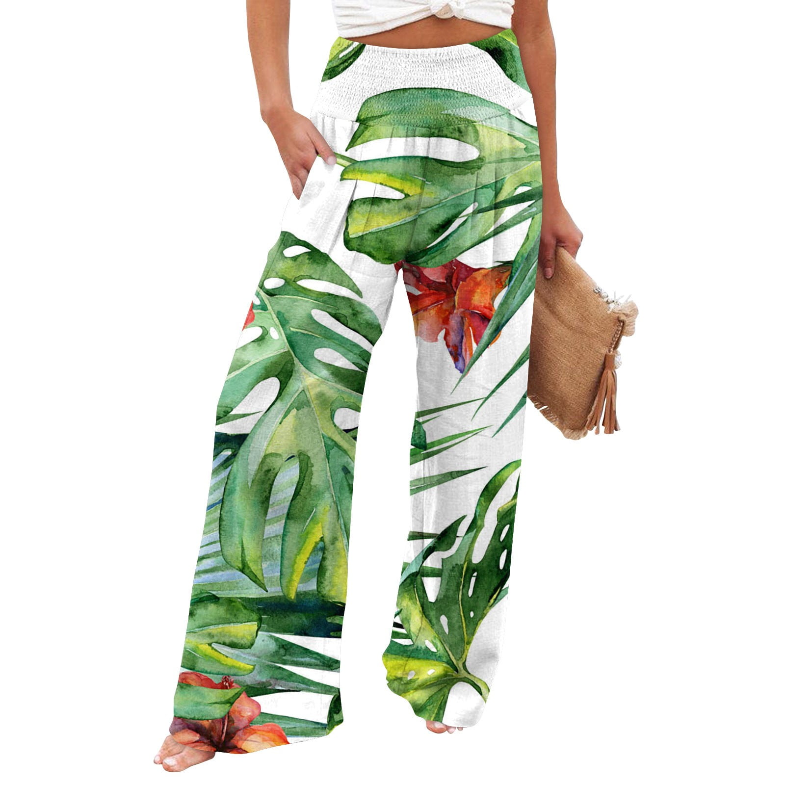 Dorkasm Hawaiian Women's Linen Palazzo Pants Casual High Waist Wide Leg ...