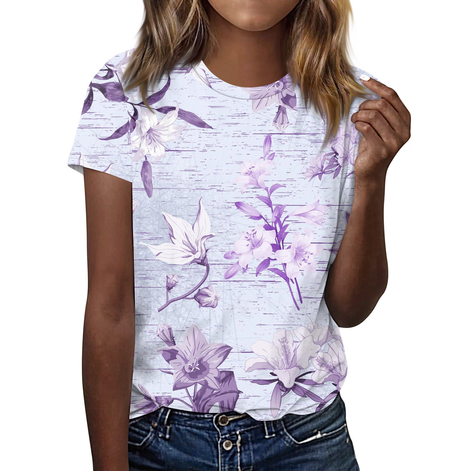 Dorkasm Ladies Tops Crew Neck Summer Tees for Women Floral Short Sleeve